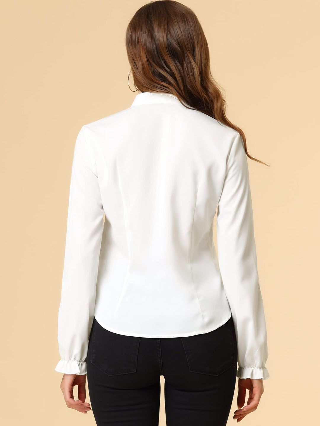 Work Blouse for Women&#39;s Elegant Bow Tie Neck Long Sleeve Shirt Top Medium White