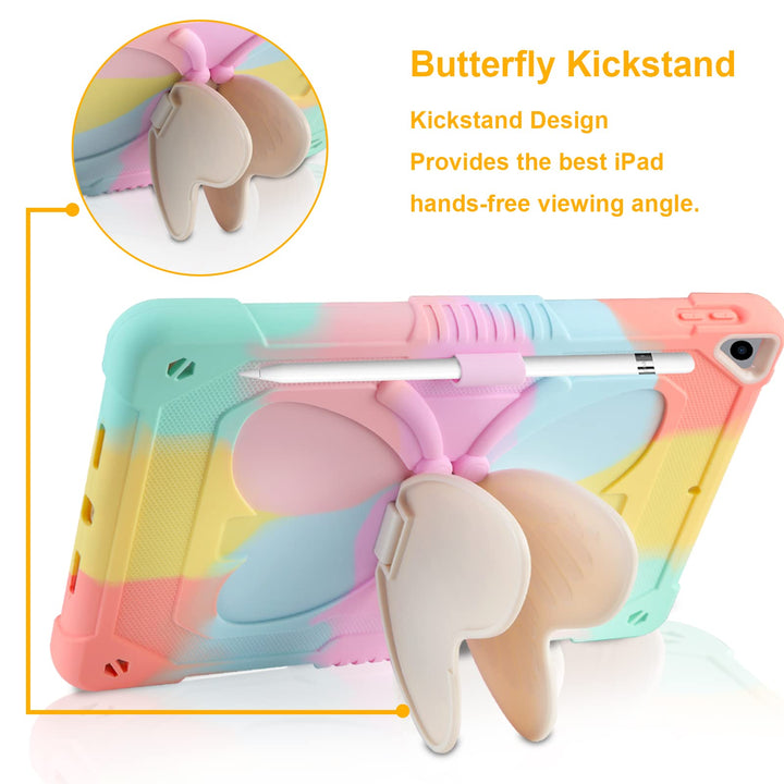 for iPad 9th 8th 7th Generation Case with Kickstand Butterfly Wings Pencil Holder for iPad 10.2 Case Heavy Duty Hard Rugged Protective Cover Kids Girls for iPad 9th/8th/7th Gen(2021/2020/2019)