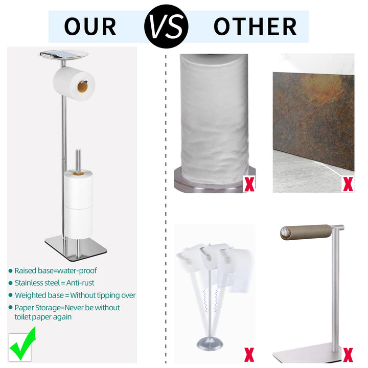 Toilet Paper Holder Stand for Bathroom Floor Standing Toilet Roll Dispenser Storages 4 Reserve Rolls, with Top Storage Shelf for Cell Phones, Wipe, Wallet and More(Brush Nickel)