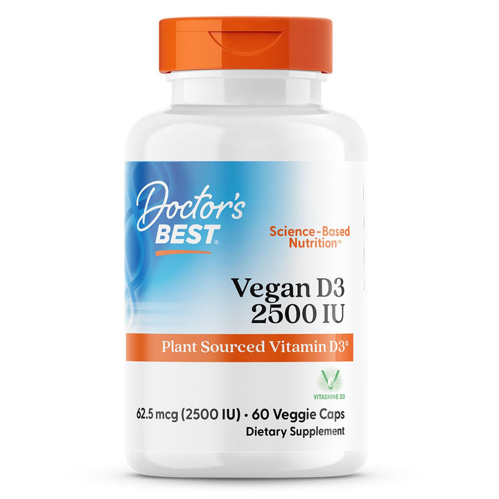 Doctors Best Vegan D3 2500 IU (Vitashine), Plant Sourced Vitamin D3, Non-GMO, Gluten Free, Soy Free, Vegan 60 Veggie Caps