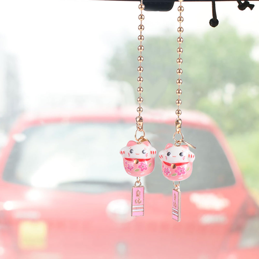 Lucky Cat Car Charm Ceramic Japanese Maneki Cat Car Rear View Mirror Decorative Pendant Hanging Ornaments Auto Interior Accessories for Men and Women