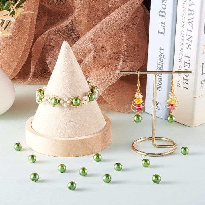 100pcs/strand 8mm Round Glass Pearl Beads Strand Tiny Satin Luster Pearl Beads Loose Spacer for DIY Bracelet Necklace Earrings Jewelry Making Crafts Supplies (Lime Green)