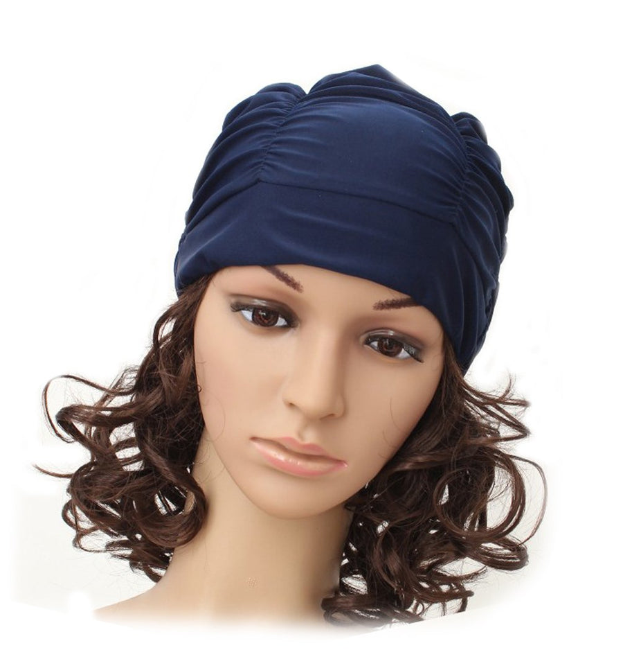 Colorful Pleated Nylon Cloth Swim Cap Large Swimming Cap Hot Spring Bathing Caps for Adult Men Women Long Hair(Navy Blue)