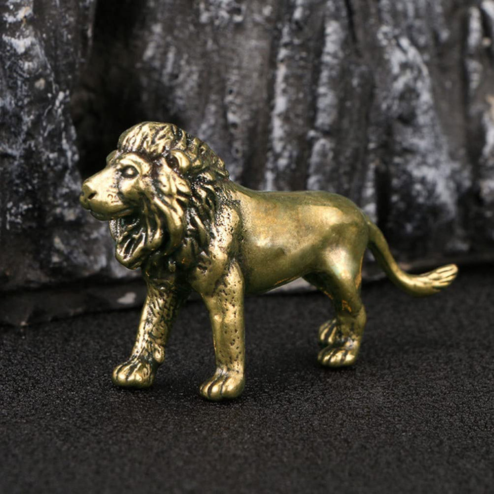 Retro Brass Lion Figurine Feng Shui Lion Statues Good Luck Wealth Collectible Figurines Lion Ornament Miniature Animal Sculpture for Home Desktop Decor Golden