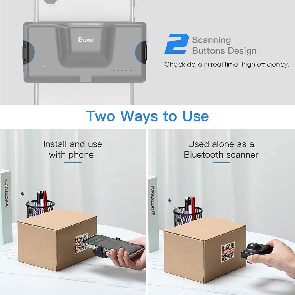 2D QR Bluetooth Barcode Scanner, Mini Wireless Back Clip-on Phone Bar Code Scanner for 1D QR PDF417 Data Matrix Code Reader, Work with iPhone, Android, iOS for Warehouse Library Book Inventory