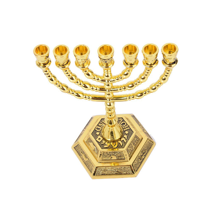12 Tribes of Israel Menorah, Jerusalem Temple 7 Branch Jewish Candle Holder (8 Inches, Gold)
