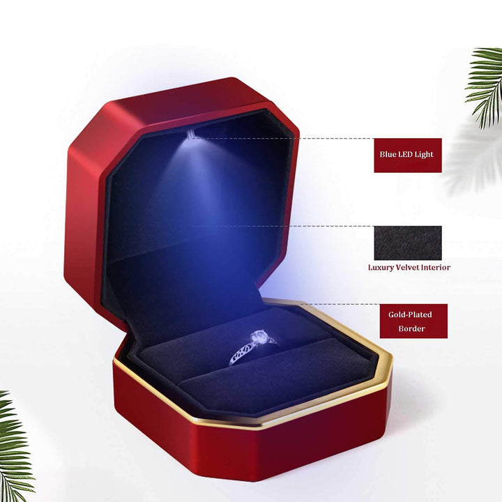 Luxury Ring Box, Square Velvet Wedding Ring Case Jewelry Gift Box with LED Light for Proposal Engagement Wedding, Red