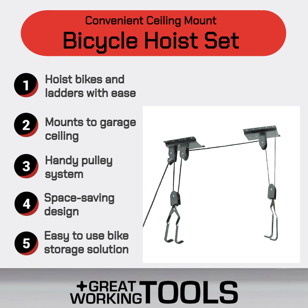 GREAT WORKING TOOLS Ceiling Mount Bike Hoist Set of 2 Bike Hangers Pulley System