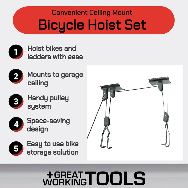 GREAT WORKING TOOLS Ceiling Mount Bike Hoist Set of 2 Bike Hangers Pulley System