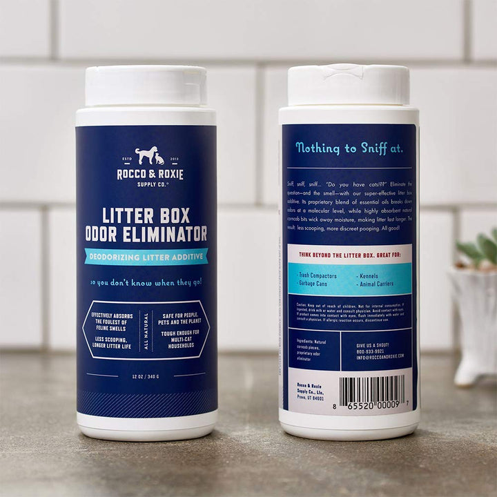 Rocco &amp; Roxie Litter Box Odor Eliminator, Best Natural Urine Deodorizer for Cat Litter Boxes Cats Smell Control, Odor Absorber, Safe for Kitty, 12 oz