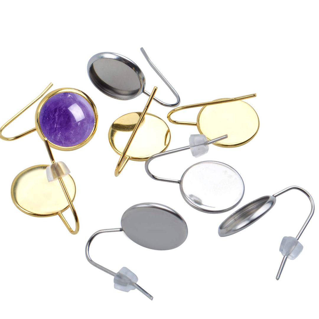 Cabochon Earring Setting, 20 Pieces Stainless Steel 12mm Cabochon Earrings Hook and 20 Pieces Silicone Earring Back for Jewelry Making, Silver and Gold