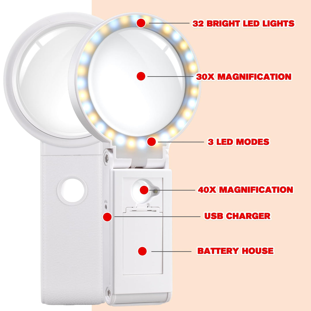 Dicfeos 30X 40X Magnifying Glass with Light and Stand, 