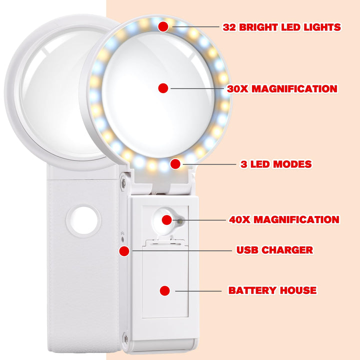 Dicfeos 30X 40X Magnifying Glass with Light and Stand, 
