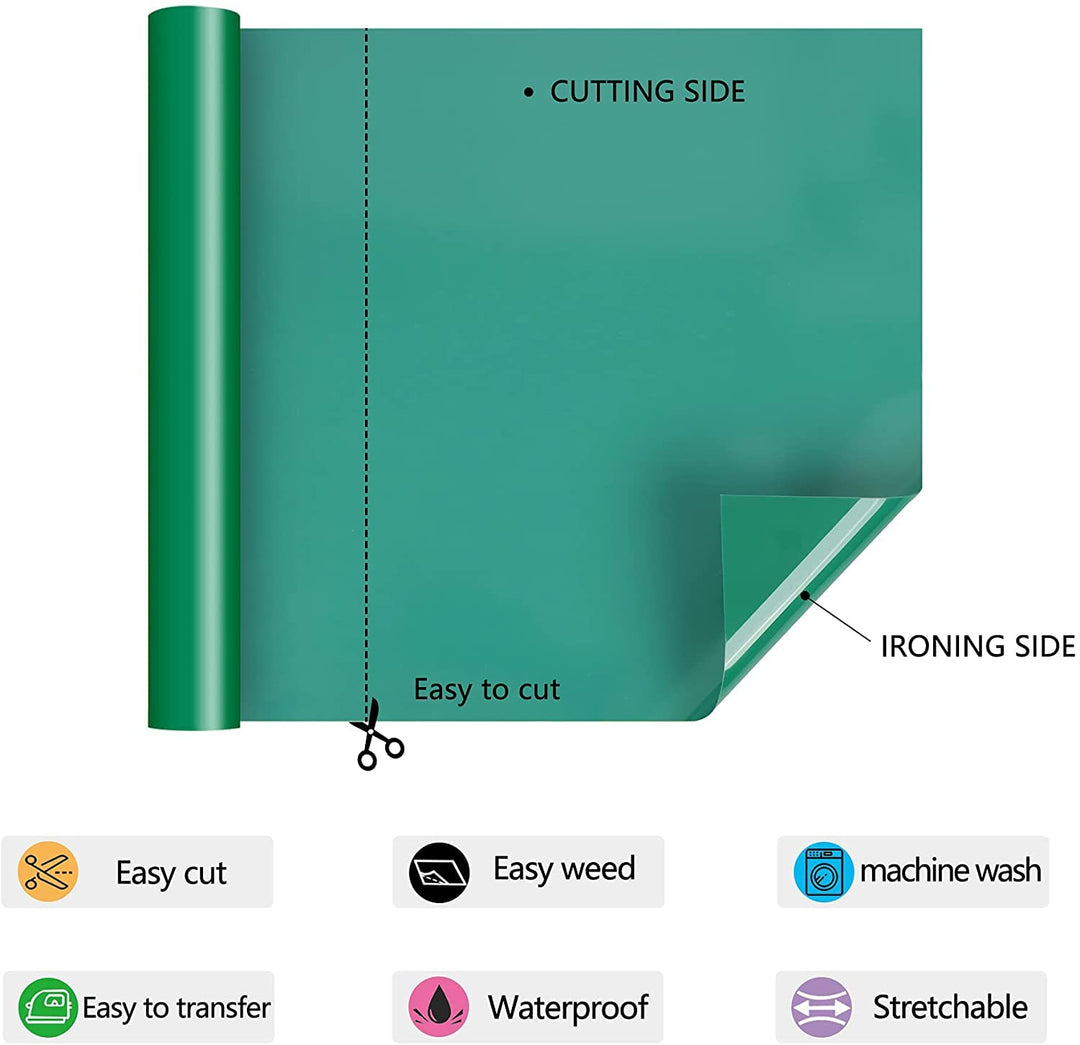 HTV Iron on Vinyl 12Inch by 12ft Roll HTV Heat Transfer Vinyl for T-Shirt HTV Vinyl Rolls for All Cutter Machine - Easy to Cut &amp; Weed for Heat Vinyl Design (12ft, Green)