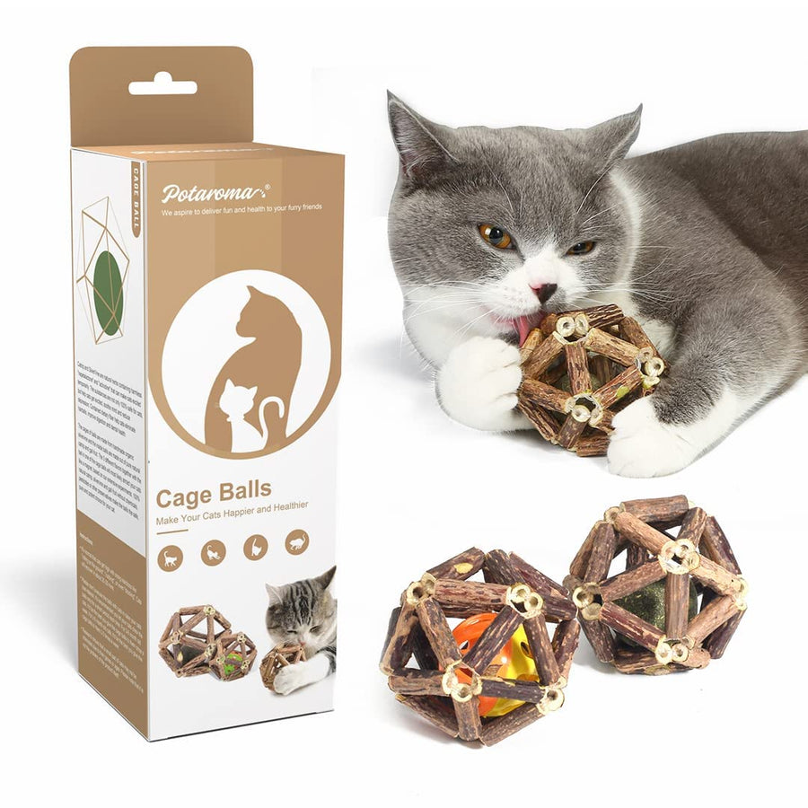 Catnip Toys, 3Pcs Cat Toys Natural Silvervine Stick Cage Balls & Bell Ball for Indoor Cats, Kitten Cleaning Teeth Molar Matatabi Cat Chew Toy All Breeds