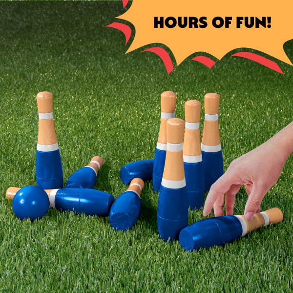 13-Piece Wood Bowling Set - Indoor/Outdoor Bowling Game for Adults and Kids Ages 3 and Up - 10 Wood Pins, 2 Balls, and Carrying Bag by Hey Play (Blue)