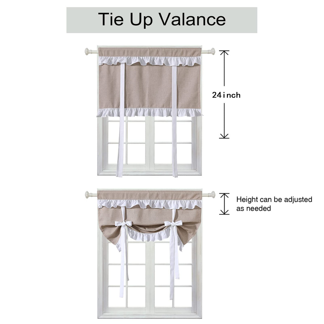 Modern Farmhouse Tie Up Valances for Windows 21’’L x 34’’W, French Country Ruffle Linen Burlap Small Kitchen Bathroom Curtain Valance Adjustable Tie Up Balloon Roman Window Shades, Khaki