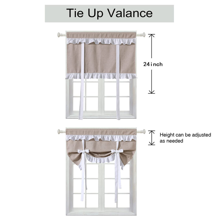 Modern Farmhouse Tie Up Valances for Windows 21’’L x 34’’W, French Country Ruffle Linen Burlap Small Kitchen Bathroom Curtain Valance Adjustable Tie Up Balloon Roman Window Shades, Khaki