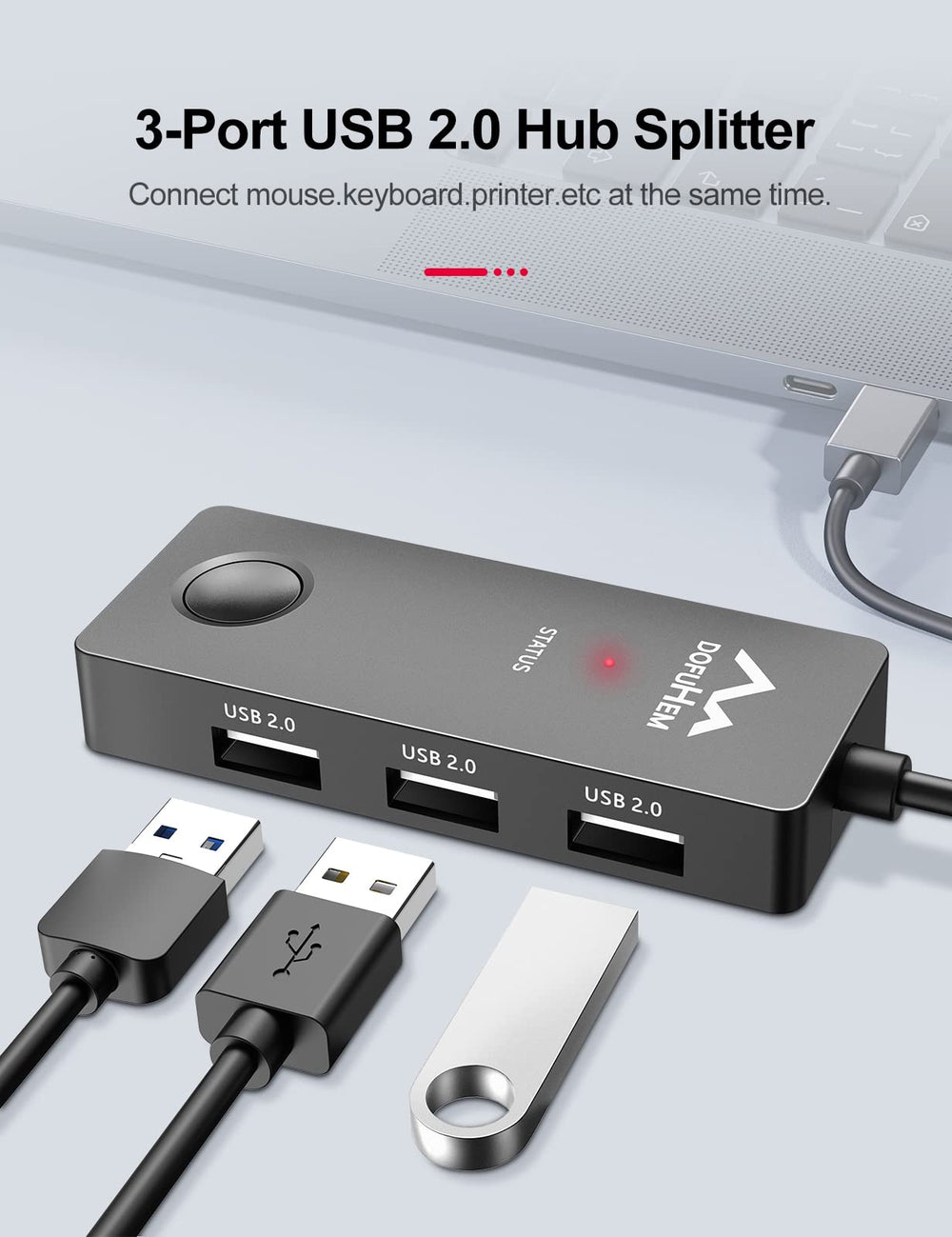 with USB Hub Mouse Jiggler with 3 USB Ports, Hub Mouse Mover, Undetectable USB Mouse Jiggler with ON/Off Switch, Random Move Mouse, Driver-Free, Plug and Play, Includ Type-C Adapter, Black
