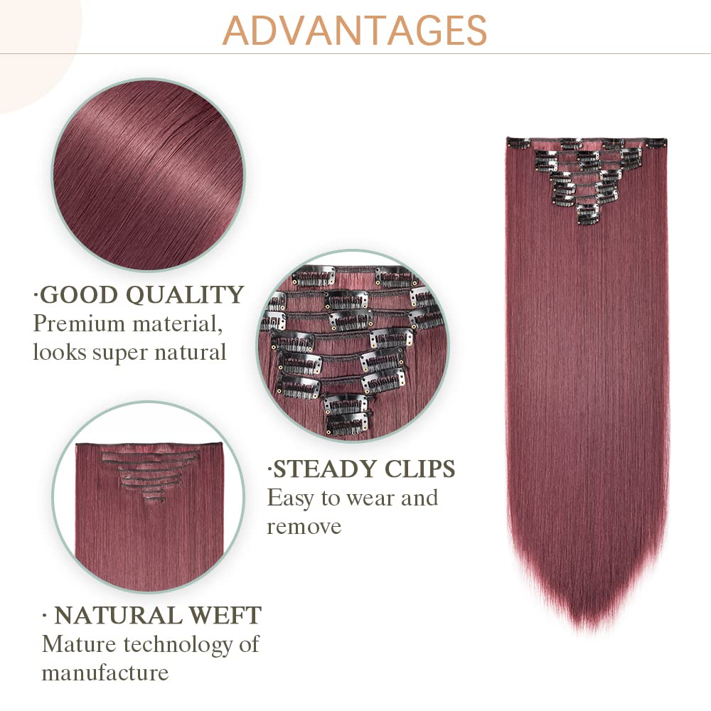 8PCS Clip in Hair Extensions Wine Red Burgundy Highlight Seamless Double Weft Hair Extensions Full Head 18 Clips Women Hairpiece 26 Straight Tangle-free Silky Soft Party Valentines