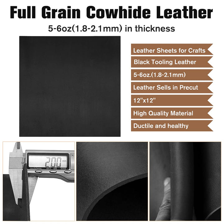 Black Leather Sheets for Crafts Tooling Leather Square 1.8-2.1mm Thick Full Grain Leather Pieces Genuine Cowhide Leather for Crafts Sewing Hobby Workshop 12x12