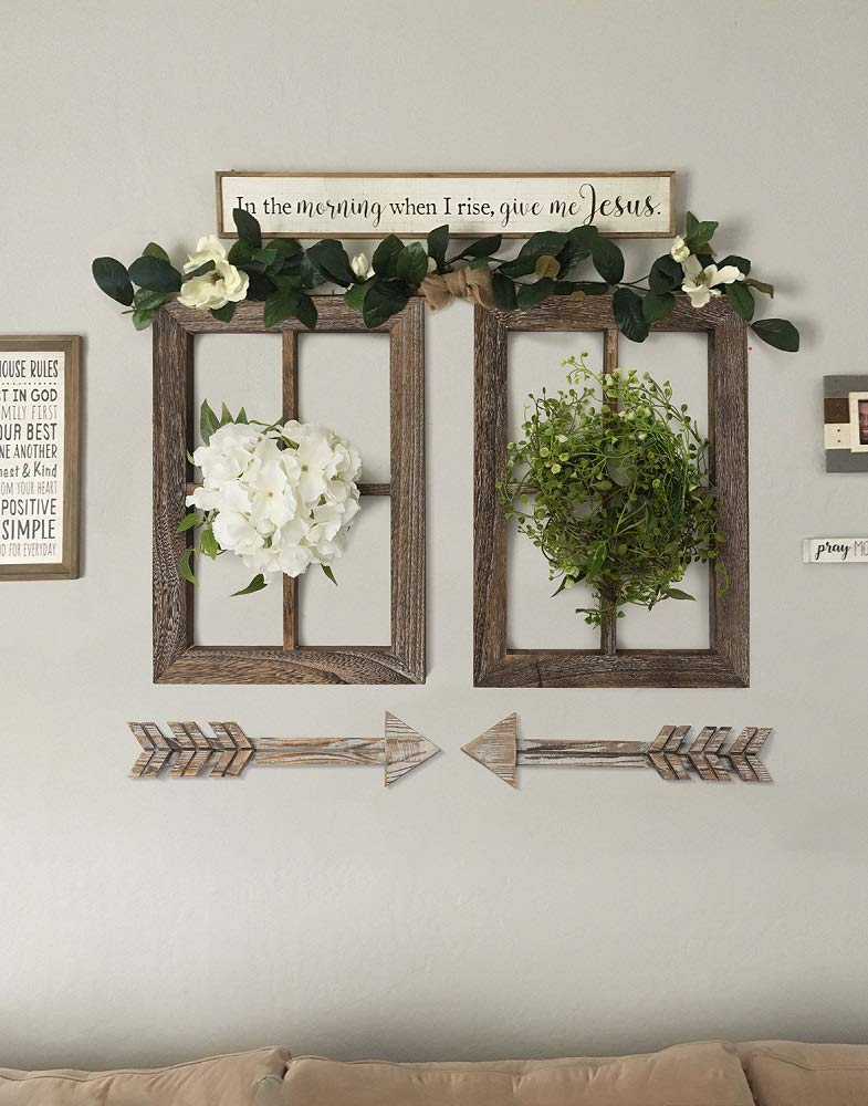 Rustic Wall Decor Wood Window Frames & Arrow Decor - Farmhouse Decoration for Home (11X15.8 inches, 2set)