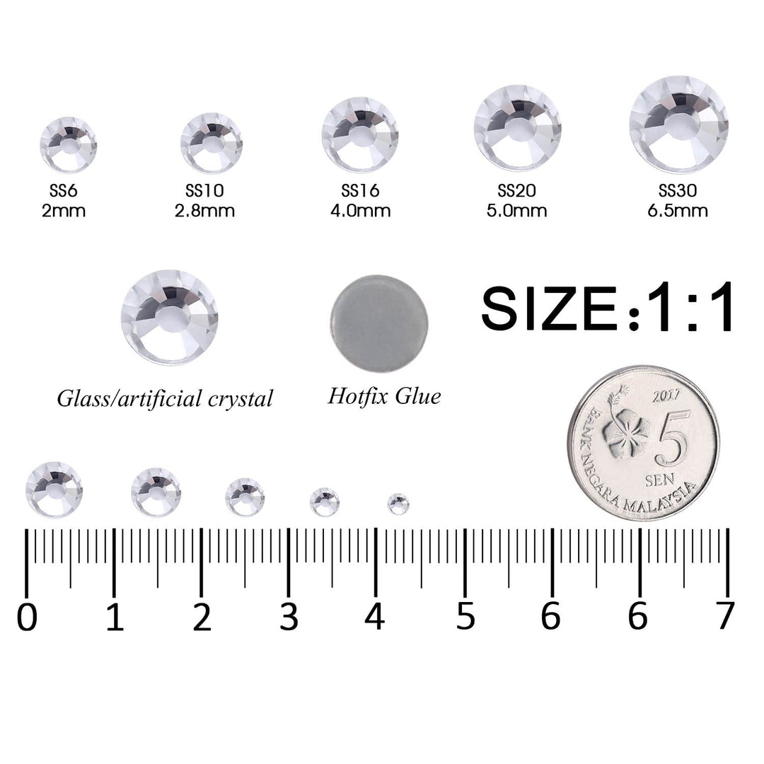 6796PCS Clear Hotfix Rhinestones Crystal Stones Glass for Fabric Clothes Shirts Sparkly Flat Back Round with Tweezers and Picking Pen (SS6~SS30 Set)