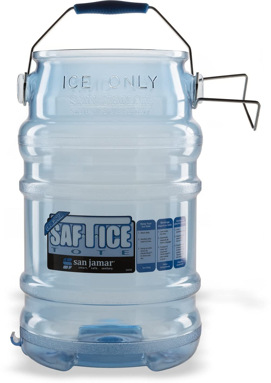 Saf-T-Ice Plastic Ice Tote, Ice Bucket with Drying and Storage Hook for Restaurants, Bars, Catering Events, Buffets, 6 Gallons, Blue
