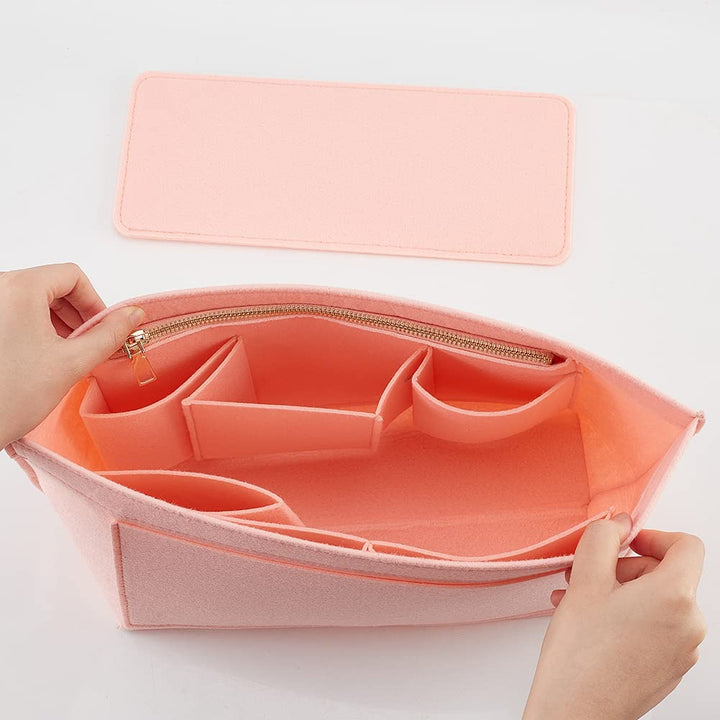 Felt Purse Organizer Base Shaper for Tote Bag, Bag Organizer Insert for Handbags Multiple Pockets Felt Organizer Bag in Bag Shaper with Zipper Pockets Fit LV Neverfull MM Speedy, Pink