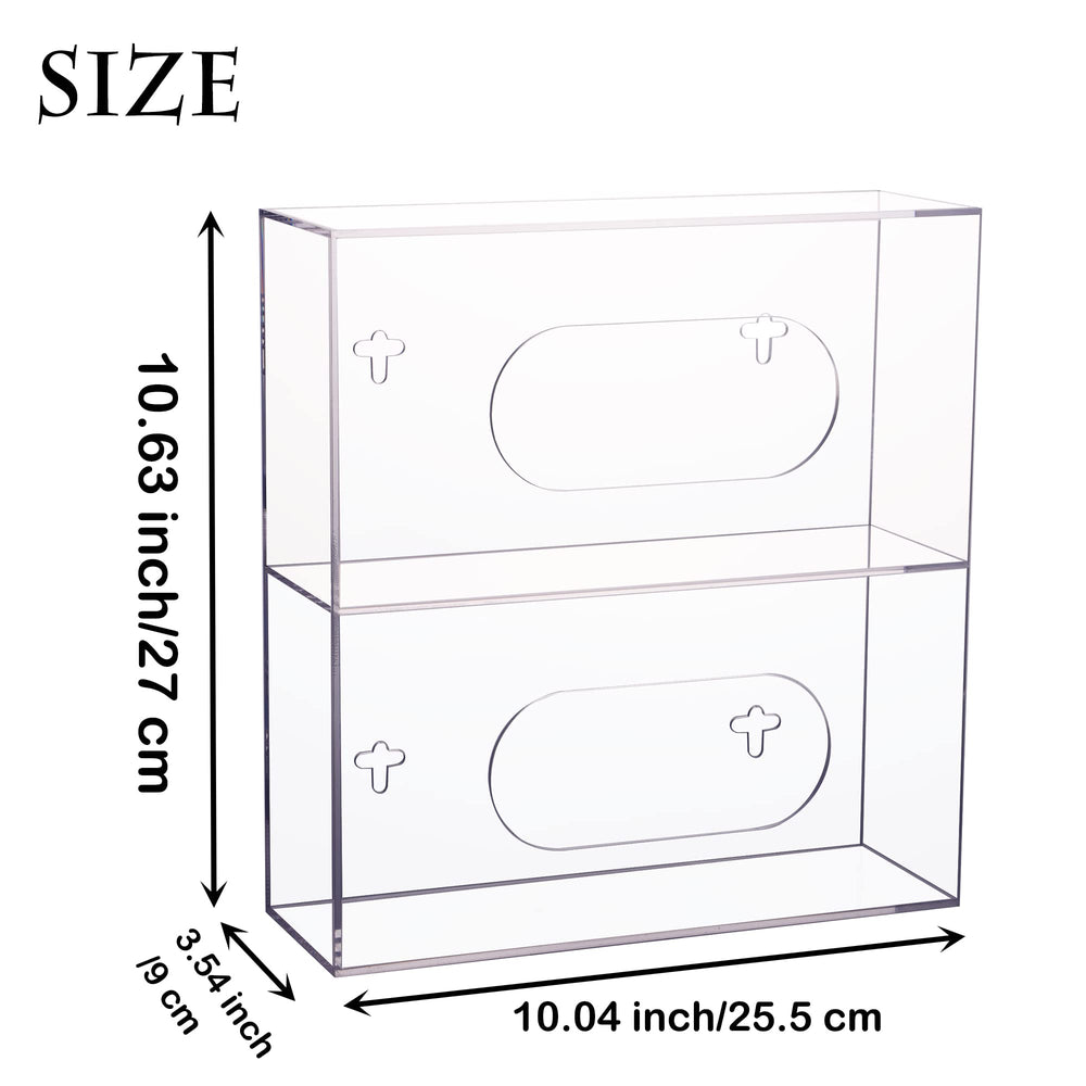 Glove Box Holder Dispenser Wall Mount, Clear Acrylic Double Gloves Rack for Medical, Latex, Rubber, Nitrile, Exam, Disposable Glove Boxes, Plastic Bags Holder Tissues Box Cover