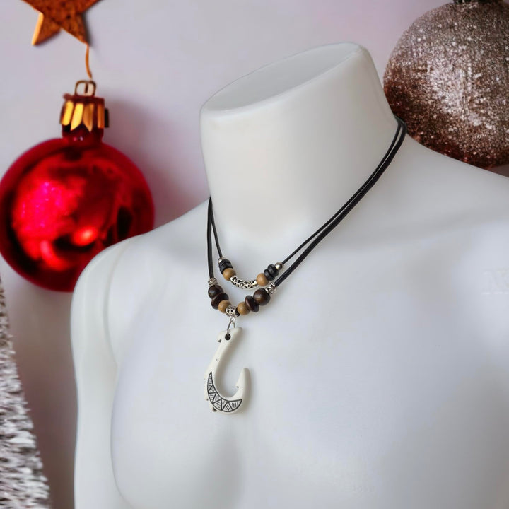 White Hawaiian Fish Hook Pendant Necklace Hemp Cord Chain - Maori Tribal Necklace - Adjustable Black Cord