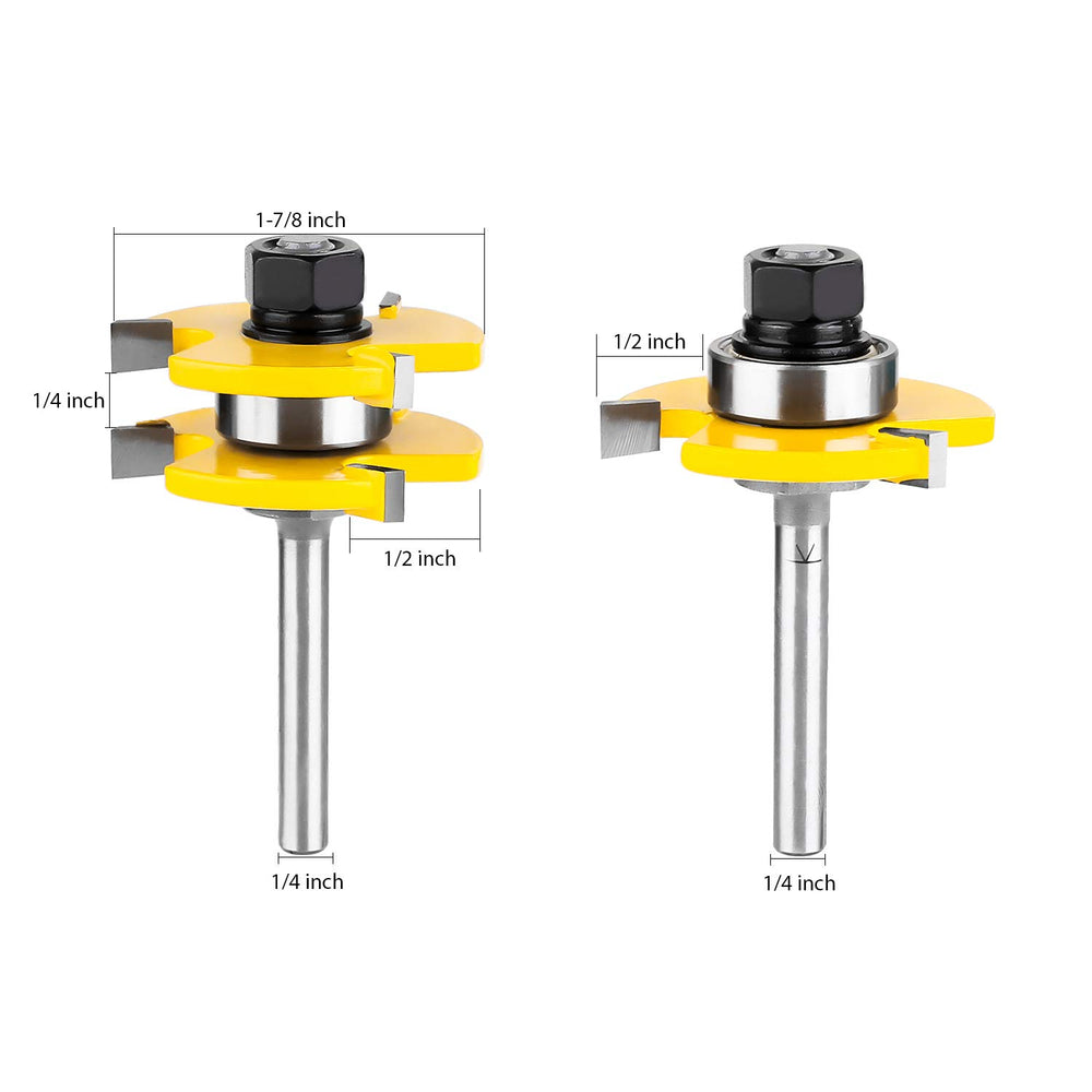 Tongue and Groove Set of 2 Pieces 1/4 Inch Shank Router Bit 3 Teeth Adjustable T Shape Wood Milling Cutter