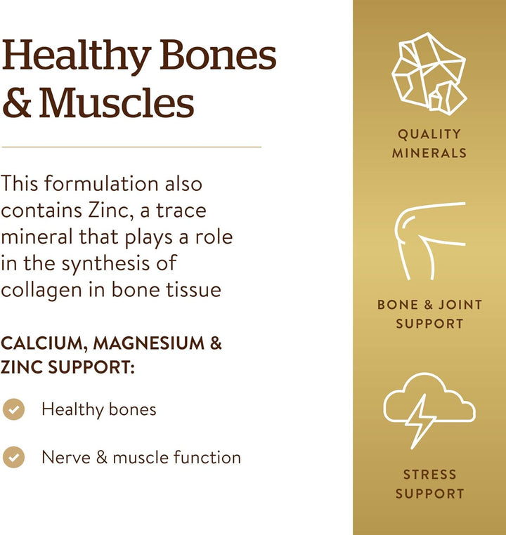 Solgar Calcium Magnesium Plus Zinc, 250 Tablets - Promotes Healthy Bones and Teeth - Supports Nerve &amp; Muscle Function - Non GMO, Vegan, Gluten Free, Dairy Free, Kosher, Halal - 83 Servings