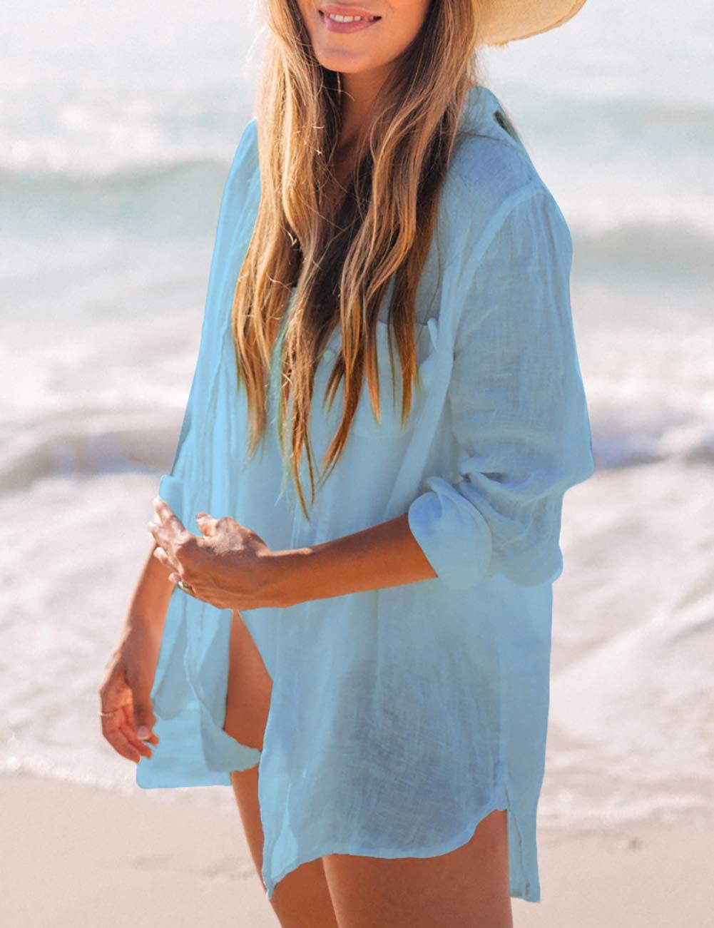 Long Sleeve Beach Shirt Blouses Women Turn Down Collar Bikini Bathing Suit Cover Ups Swimwear Light Blue