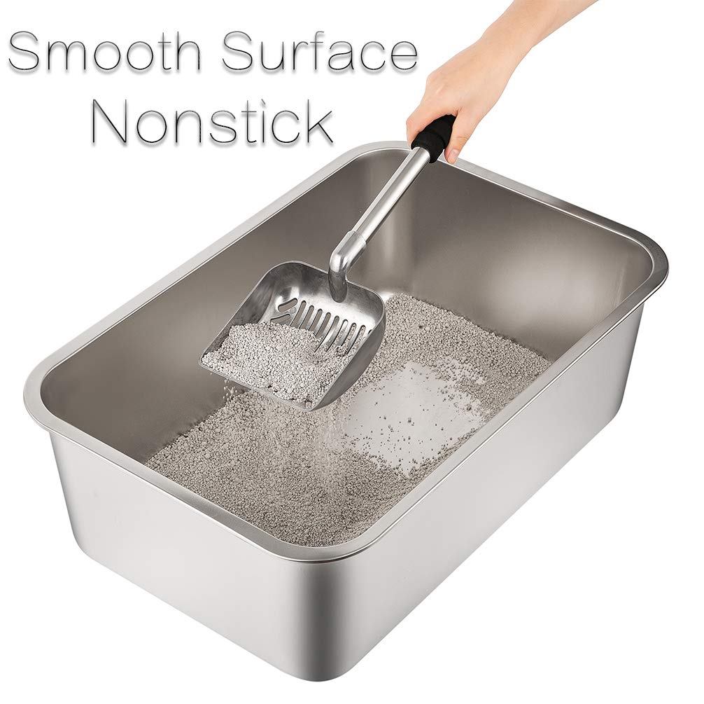 Stainless Steel Litter Box for Cat and Rabbit, Large Size with 8in High Sides and Non Slip Rubber Feet. Odor Control, Non Stick Smooth Surface, Easy to Clean, Never Bend