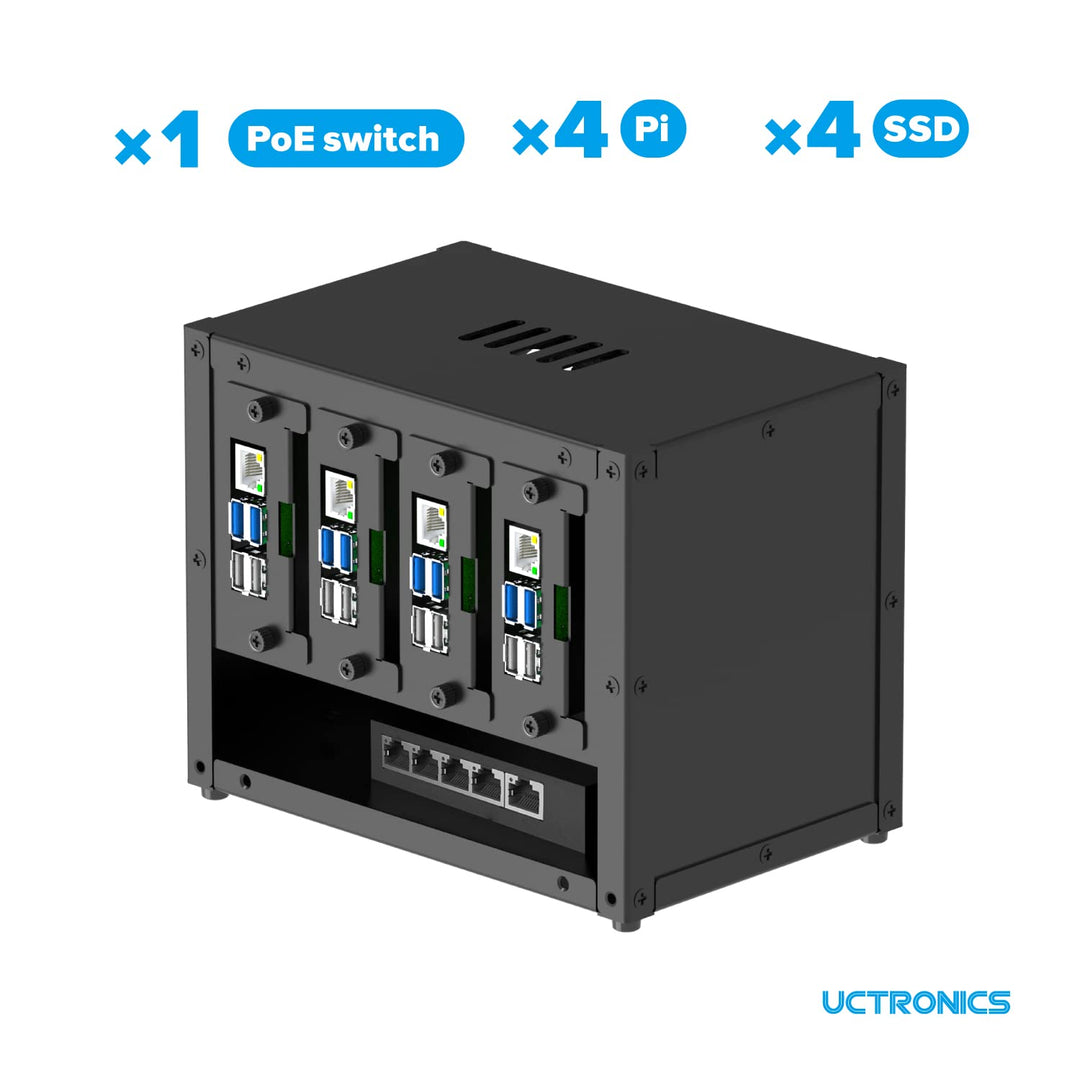Upgraded Complete Enclosure for Raspberry Pi Cluster, with 4 Removable Mounting Brackets for Pi 5, 4B, 3B+/3B, and Other B Model and 2 Cooling Fans,support 4 2.5 SSD and Switch