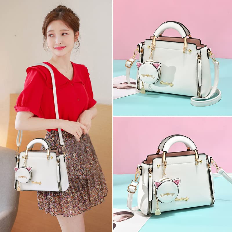 small Fashion Handbag purse for women ladies Top Handle Satchel Shoulder Bags cat purse (white)