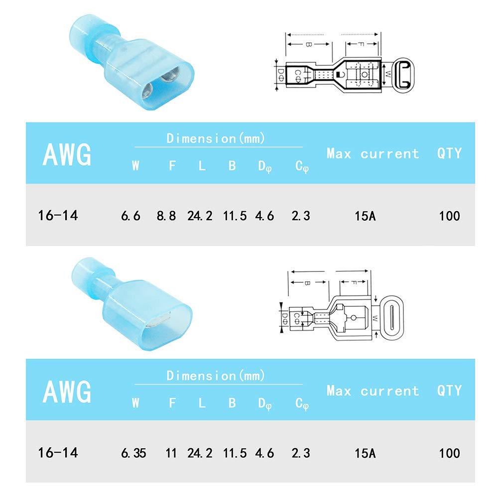 (200 Pcs) MCIGCIM 16-14 Gauge Spade Disconnect Wire Connectors, Fully Insulated Male Female Nylon Quick Crimp Terminals Wiring Spade