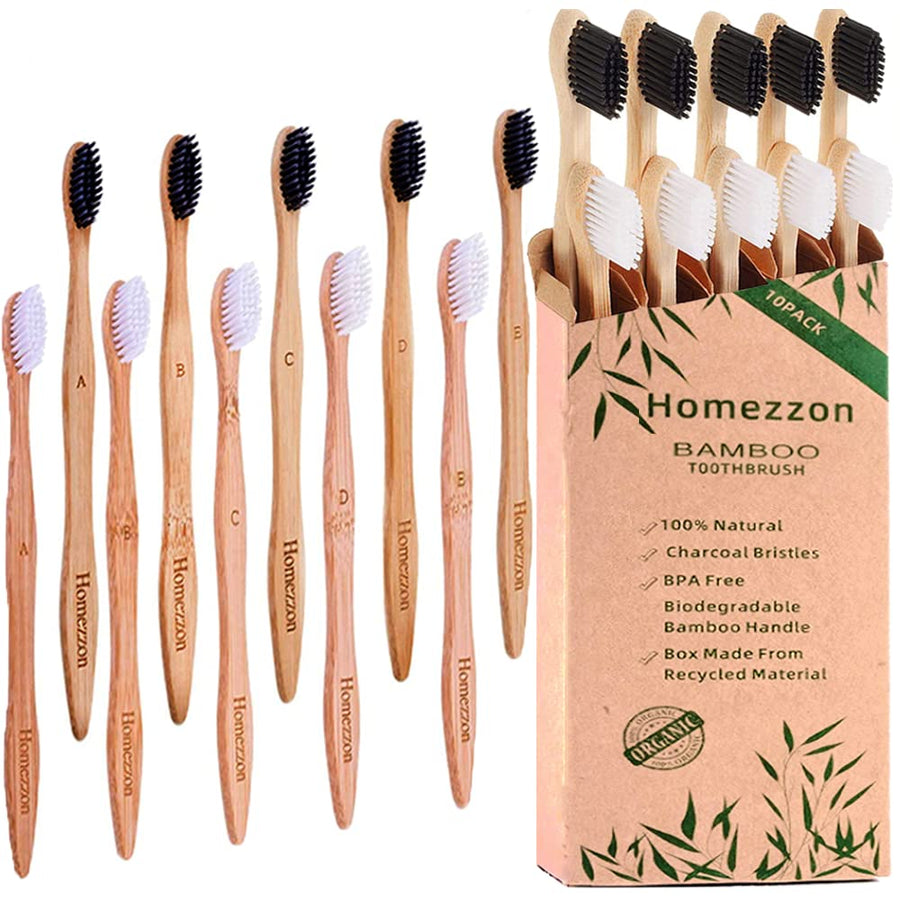 Homezzon Bamboo Toothbrush Set of 10 – Eco-Friendly Woo