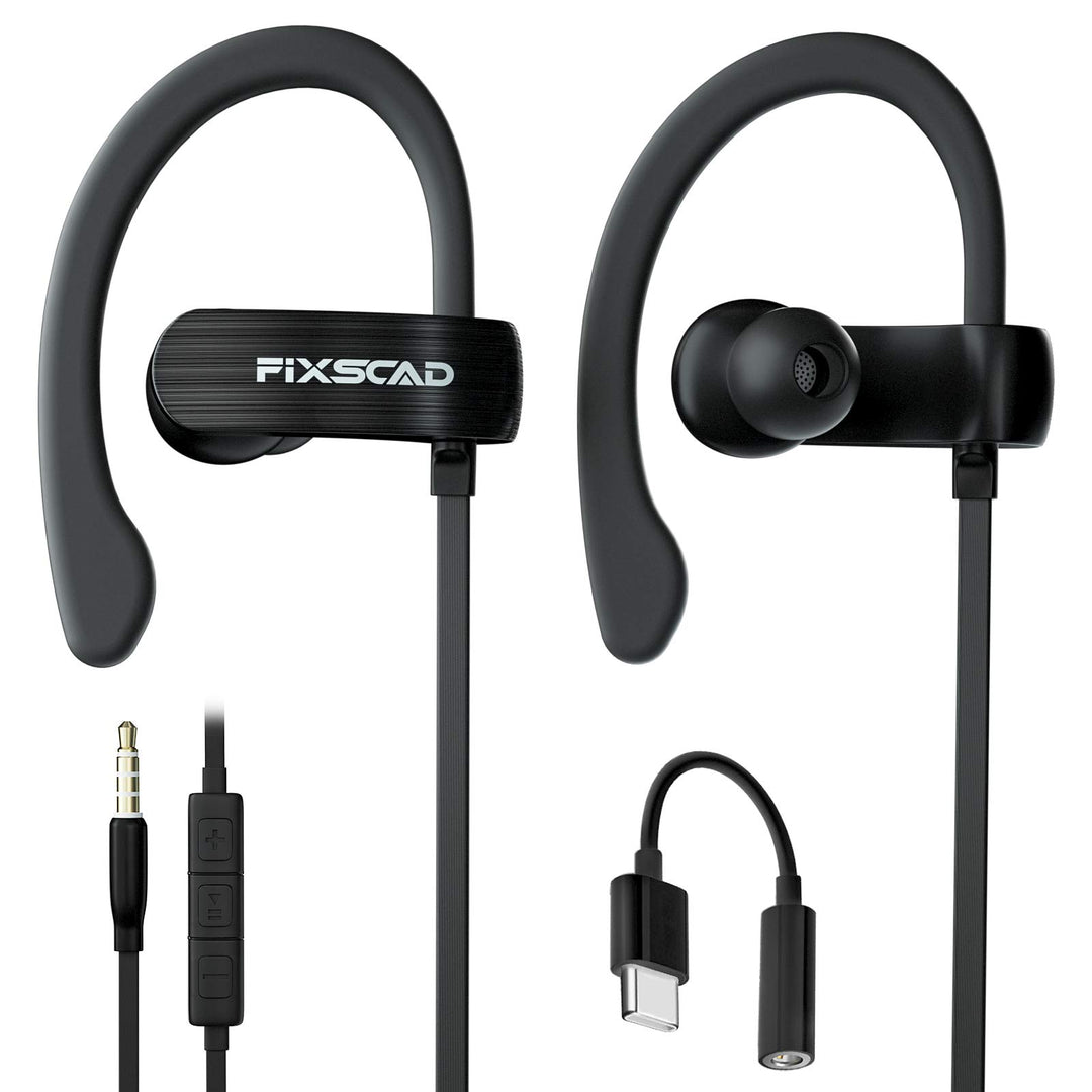 FIXSCAD Y171 Sports Earbuds Wired with Microphone, Soft Wrap Around Earphones with Over Ear Hook, in Ear Running Headphones for Exercise Compatible with Samsung, Free Type C to 3.5mm Adapter
