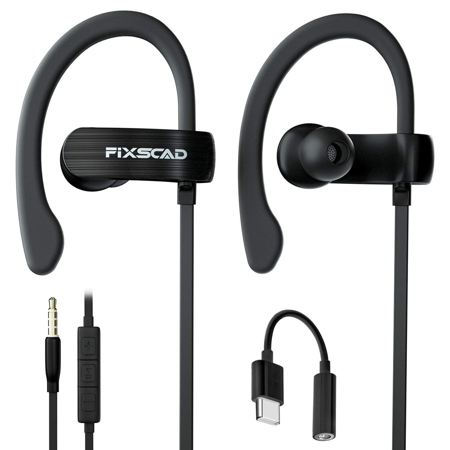 FIXSCAD Y171 Sports Earbuds Wired with Microphone, Soft Wrap Around Earphones with Over Ear Hook, in Ear Running Headphones for Exercise Compatible with Samsung, Free Type C to 3.5mm Adapter