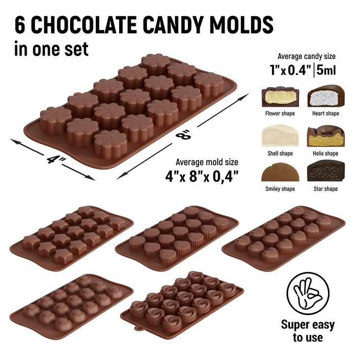 Chocolate Molds Silicone - Set of 6 +Free Recipes eBook - Non-Stick Candy Molds Silicone - Food Grade Silicone Molds for Chocolate Candies
