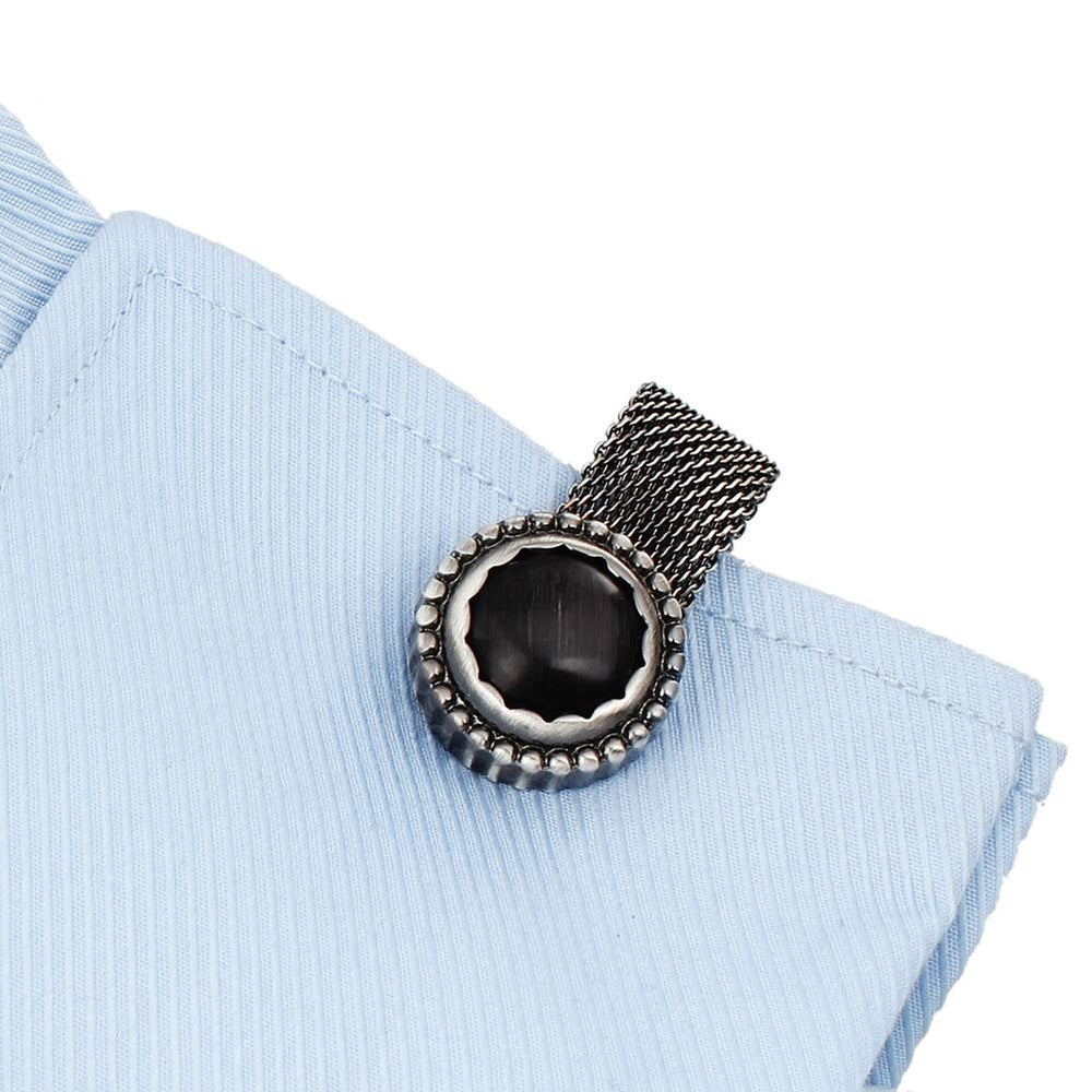 Mens Cufflinks with Chain - Stone and Anti-silver Tone 