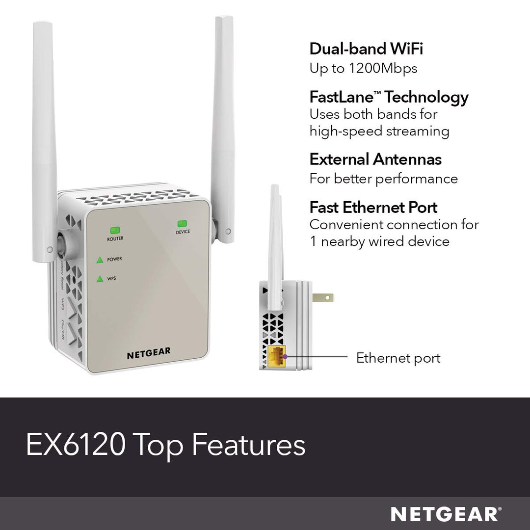 Wi-Fi Range Extender EX6120 - Coverage Up to 1500 Sq Ft and 25 Devices with AC1200 Dual Band Wireless Signal Booster &amp; Repeater (Up to 1200Mbps Speed), and Compact Wall Plug Design, White