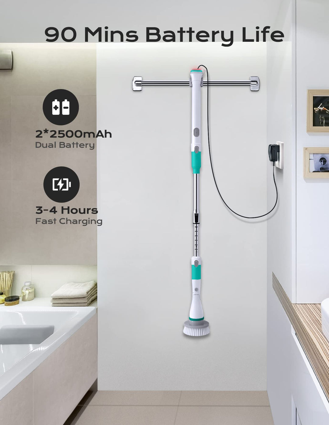 Electric Spin Scrubber, Cordless Cleaning Brush with Adjustable Arm and 4 Replaceable Head, Fast Charging, Multi-Purpose, Shower Scrubber for Bathtub Tile Sink Bathroom Kitchen Grout