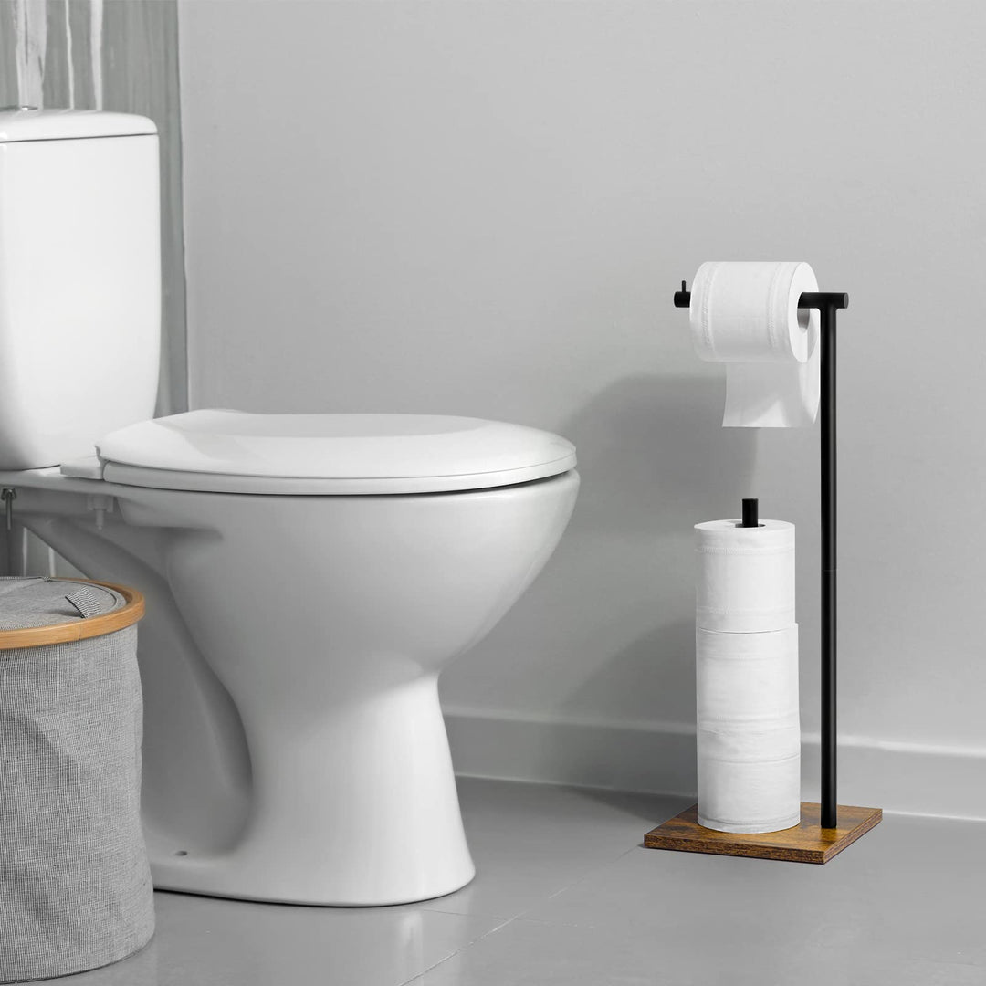 Toilet Paper Holder Stand with Shelf Wood Freestanding Tissue Paper Roll Holder Farmhouse Toilet Paper Standing for Bathroom, Rustic Brown