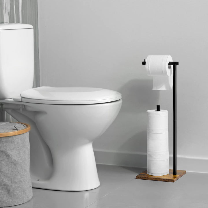 Toilet Paper Holder Stand with Shelf Wood Freestanding Tissue Paper Roll Holder Farmhouse Toilet Paper Standing for Bathroom, Rustic Brown
