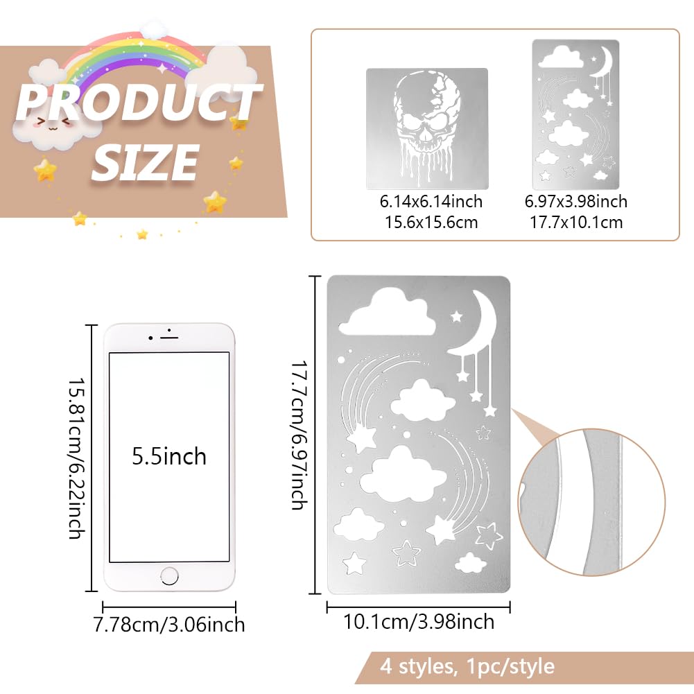 4 Pcs Universe Space Theme Metal Stencils Template, (Sun, Moon, Stars, Clouds)Stainless Steel Drawing Painting Stencils for Scrapbooking DIY Etched Dies Decoration Supplies