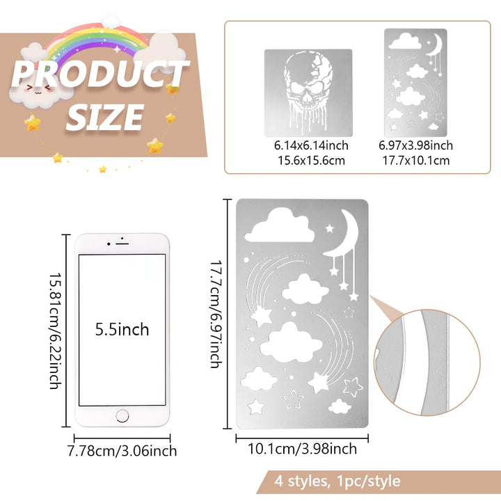 4 Pcs Universe Space Theme Metal Stencils Template, (Sun, Moon, Stars, Clouds)Stainless Steel Drawing Painting Stencils for Scrapbooking DIY Etched Dies Decoration Supplies