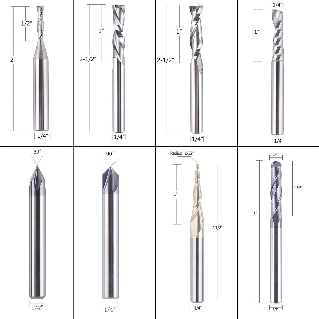 8Pcs Carbide CNC Router Bits Set 1/4 Inch Shank for Woodworking Detail Carving Trimming V Groove Engraving Slotting Mortise